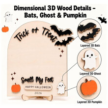 Trick or Treat Smell My Feet Wooden Halloween Sign with Stand 2026 - DIY Paint Kit with 3D Bats Pumpkin Tags B