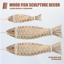 4 Pack Antique Hand Carved Wood Fish Sculpture Decor Ornament with Fishing Net, Beach Theme Wall Art Hanging Decor