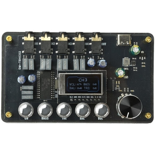Módulo de Chaveamento de Áudio DM-TB4C02 com Entrada Auxiliar de 3,5 mm, Ajuste de Volume, Graves, Agudos, Balanço e Tom, Entrada  5V e Conector