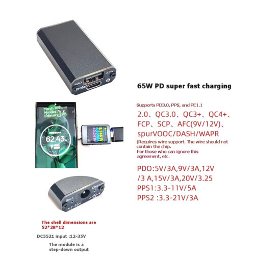 PD 65W Super Fast Charging Module+Case 12-35V Multi Protocol QC3.0 Fast Charger DCBuck Converter Car DIY Modify Module 1