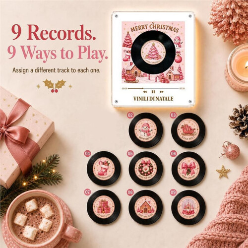 Christmas Vinyl Record Music Player Fridge Magnet Rotating Disc LED Light 9 Replaceable Records NFC  Audio Player 2
