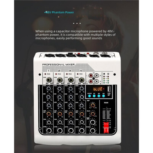 4 Channel Audio Mixer with  48V Phantom Power USB Audio Interface Recording Karaoke DJ Studio Console A 1