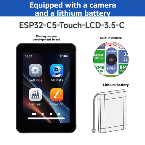 Waveshare ESP32-C5 Tela Sensível Ao Toque Capacitiva IPS de 3,5 Polegadas (320x480) com Suporte para Wi-Fi 5, BLE e Zigbee, Bateria e Câmera 1
