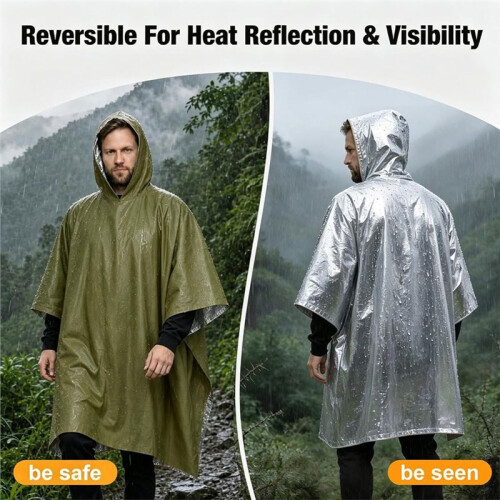 2Pc Emergency Waterproof Rain Poncho Thermal Warm Survival Blanket, Multi-Purpose Outdoor Survival Gadget 1
