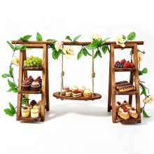 Nastopee Wooden Cupcake Stand 3 Tier, Afternoon Tea Cake Stand with Swing & Flower Vine, Foldable Dessert Display for Wedding Party Birthday