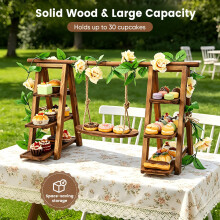 Misvayli 3 Tier Wooden Cake Stand, Cupcake Display Stand with Swing & Flower, Foldable Afternoon Tea Serving Trays for Party Wedding Baby Shower
