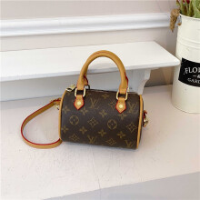 (Brown, 17*12*10) Mini cylindrical handbag retro printed pillow bag