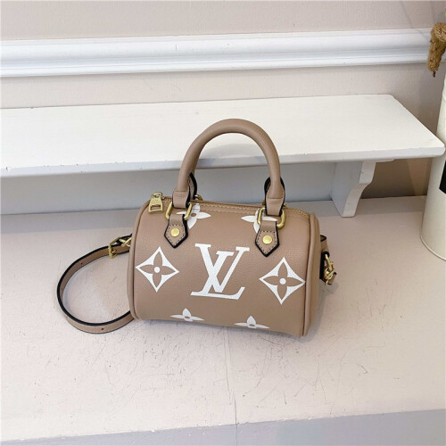 (Khaki, 17*12*10) Mini cylindrical handbag retro printed pillow bag