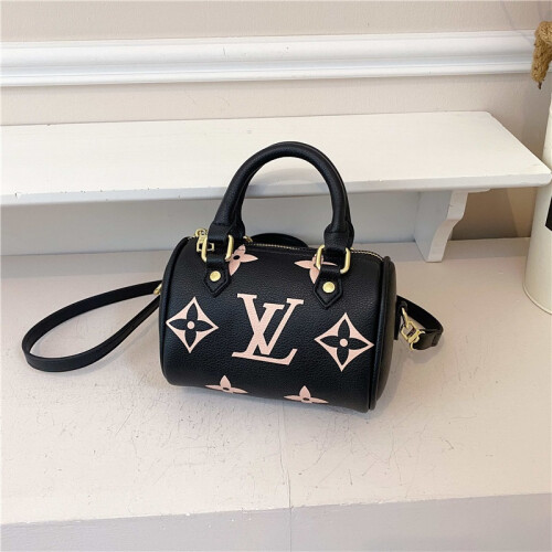(Black, 17*12*10) Mini cylindrical handbag retro printed pillow bag