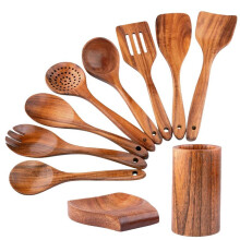 10 Pcs Utensilios de Madera Natural para Cocinar con Soporte y Reposapalas, Juego de Cucharas y Espátulas de Madera Sólida Antiadherente