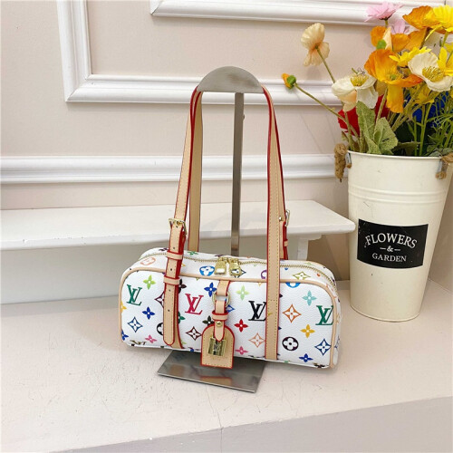 (White, 27*11*7) Retro printed long baguette handbag long cylinder bag