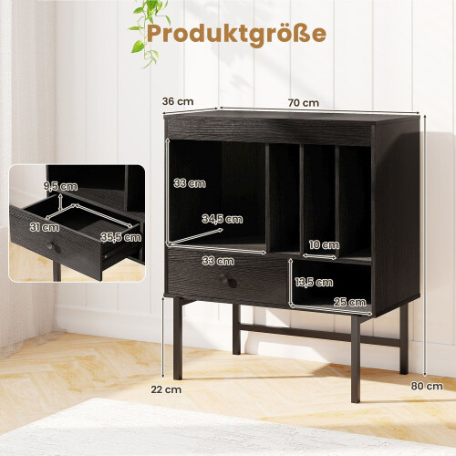 Vinylpladespillerstativ med opbevaring, sort, 70x36x80 cm
