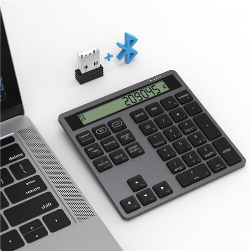 Ergonomic  Dual Mode Wireless Numeric Keyboard with Display Calculator 2in1 Wireless Number Keypad Grey 1