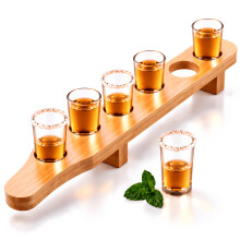 GEEZY Set of 6 Glass Shot Glasses Wooden Bamboo Holder Shot Paddle Board 40ml