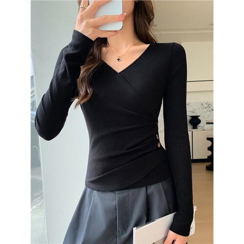 Womens V Neck Wrap Ruched Side Button Long Sleeve Top Black M 1