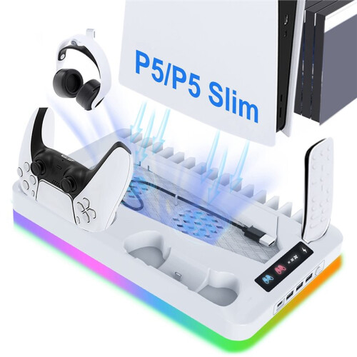 Cooling Stand for PS5 Slim Console Gamepad Charging Base Headset Hook Game CD Storage Rack for PS5 Disc&Digital 1