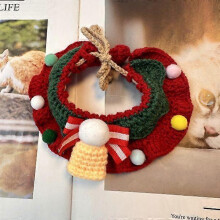 (Green collar, 15 to 35CM) ChristmasPet CollarScarf Adjustable Knit CapeBib DogCat RedGreenStripe BellReindeer 2-15lb