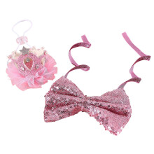 (Pink) Blingbling Green Cats Dog Wedding Bowknot Crowns Suit Bowtie Collar Sequins Princess Girl