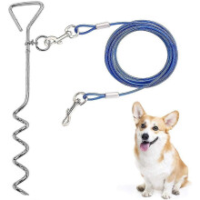 (Blue, 32ft) 16ft/32ft Anti Rust Reflective Dog Tie Out Cable & Stake for Yard Training Running Hiking