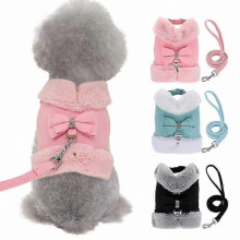 (Pink, L) Cozy Adjustable Fleece Puppy Vest with Fur Collar & Matching Lead Set