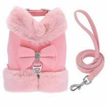 (Pink, M) Cozy Adjustable Fleece Puppy Vest with Fur Collar & Matching Lead Set