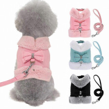 (Blue, L) Cozy Adjustable Fleece Puppy Vest with Fur Collar & Matching Lead Set