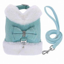 (Blue, M) Cozy Adjustable Fleece Puppy Vest with Fur Collar & Matching Lead Set
