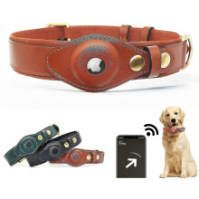 (Brown, S) Adjustable Natural Cowhide Leather Dog Collar AirTag Compatible Pet Safety Tracking