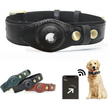 (Black, L) Adjustable Natural Cowhide Leather Dog Collar AirTag Compatible Pet Safety Tracking