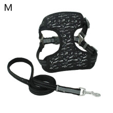 (Black, M) Reflective Breathable Dog Harness Vest Leash Set Explosion-Proof for Small-Large Dogs&Cats