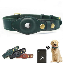 (Green, L) Adjustable Natural Cowhide Leather Dog Collar AirTag Compatible Pet Safety Tracking
