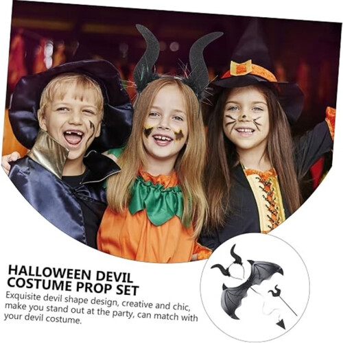 Halloween Devil Costume Set Devil Horn Headband Stick Black Wings Cosplay 1