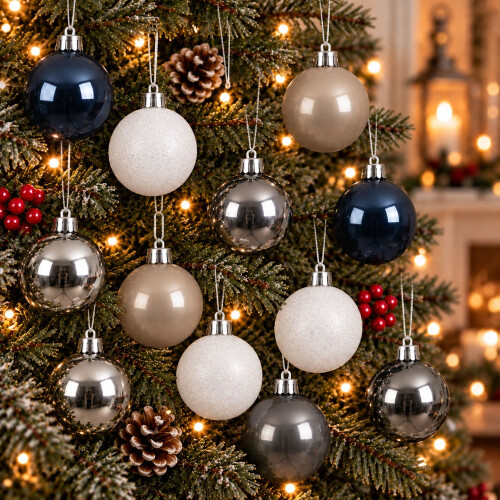 30 Christmas Tree Baubles White Silver Blue 6cm
