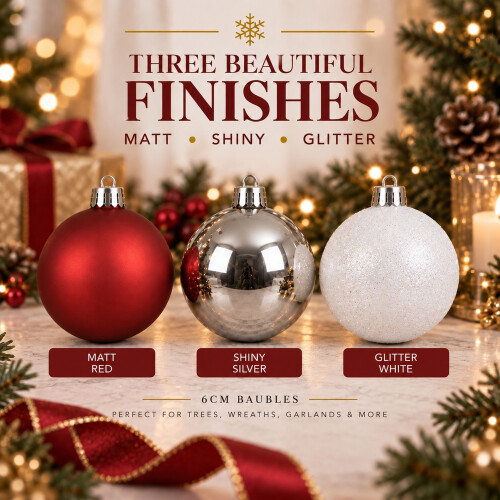 30 Red White Silver Mixed Baubles Shatterproof 6cm 2