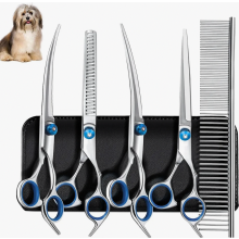 Juego de 5 tijeras profesionales para el cuidado del pelaje de perros, que incluye 1 tijera de entresacar, 2 tijeras curvas, 1 tijera recta y 1 peine.