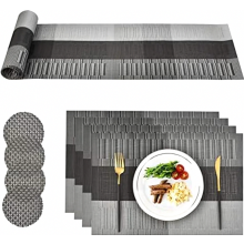 Wasbare PVC placemats, laten geen vlekken achter, hittebestendige placemats, placematset bestaande uit 4 placemats, 4 onderzetters en 1 tafelloper, pl