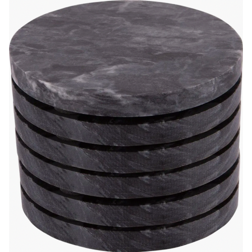 6x Black 10cm Marble Round Coasters - Rustic Stone Home Bar Kitchen Dining Table Placemat & Table Set - by Argon Ta