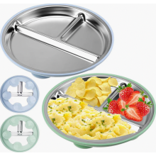 Set of 2 children's plates with suction cups, made of stainless steel, non-slip, BPA-free, with removable silicone base, plates with compart