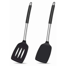 2-Piece Silicone Spatula Set, Heat-Resistant Silicone Kitchen Utensils, BPA-Free with Stainless Steel Handle, for Fish, Eggs, Pancakes, Blac
