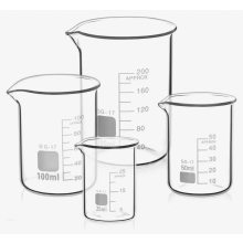 Ensemble de 4 béchers gradués en verre de 25 ml, 50 ml, 100 ml et 200 ml pour laboratoire et cuisine.