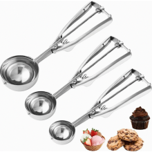 Juego de cucharas para helado de acero inoxidable de 3 piezas (1 cucharada, 2 cucharadas, 3 cucharadas), cucharas para helado con gatillo para cupcake