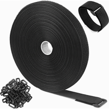 10m x 2cm hook and loop tape with 50 buckles, free cutting length hook and loop cable ties, resealable, black, 2cm wide