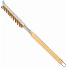 Pizza oven brush with stainless steel stone scraper – brass bristles – wooden handle – hanging ring – outdoor pizza oven accessory – compati