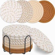 Drink coasters, 8-piece set, handmade coasters for glasses with holders, round cotton coasters, washable, wear-resistant, cup mats, table de