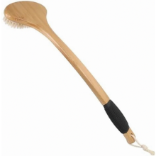Back scrub brush for shower, stiff boar bristles, bamboo, curved long handle, non-slip body bath brush for back, wet or dry, deep cleaning, large surf