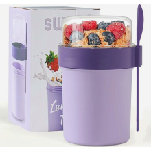 Ontbijtbeker met vork en lepel, lekvrije yoghurtbeker, geschikt voor op reis, werk, school, picknicks, 450 ml + 250 ml, (Paars)