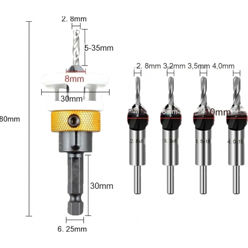4-piece countersink drill bit set, countersinks with depth stop, countersink wood drill bits with hex shank, for precise drilling, for woodworking 1