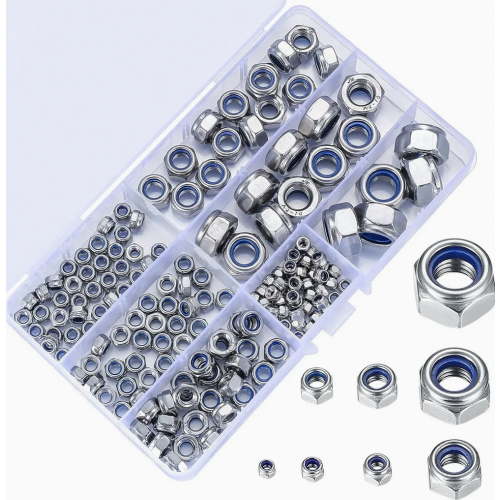 200-piece lock nut assortment, stainless steel self-locking nuts, M3 M4 M5 M6 M8 M10 M12 threaded inserts hex nuts set, various nylon lock nuts
