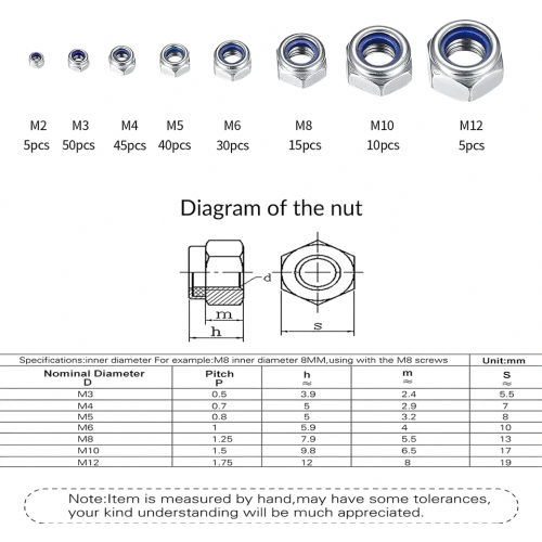 200-piece lock nut assortment, stainless steel self-locking nuts, M3 M4 M5 M6 M8 M10 M12 threaded inserts hex nuts set, various nylon lock nuts 1
