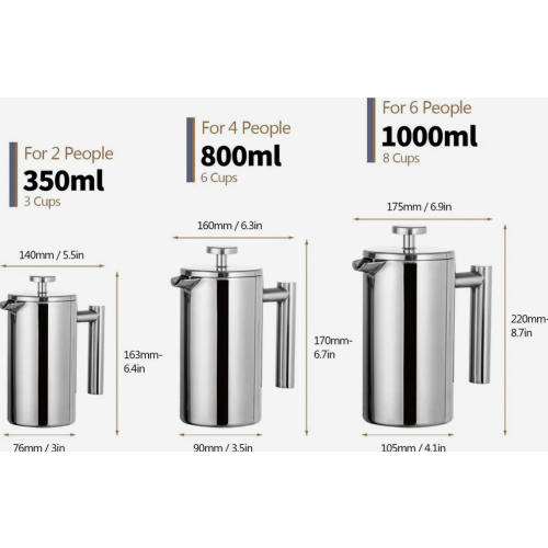 Cafetera de émbolo de 1000 ml, acero inoxidable, cafetera con doble pared aislada. 1